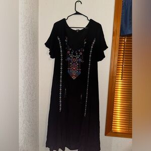 Roaman's Dress Large Black Embroidered Tasseled Boho Midi Crinkle dress skirt